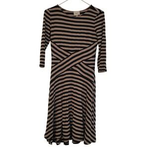 ECI New York Medium Black Tan Stripe CrissCross Waist 3/4 Sleeve Dress Y2K Party